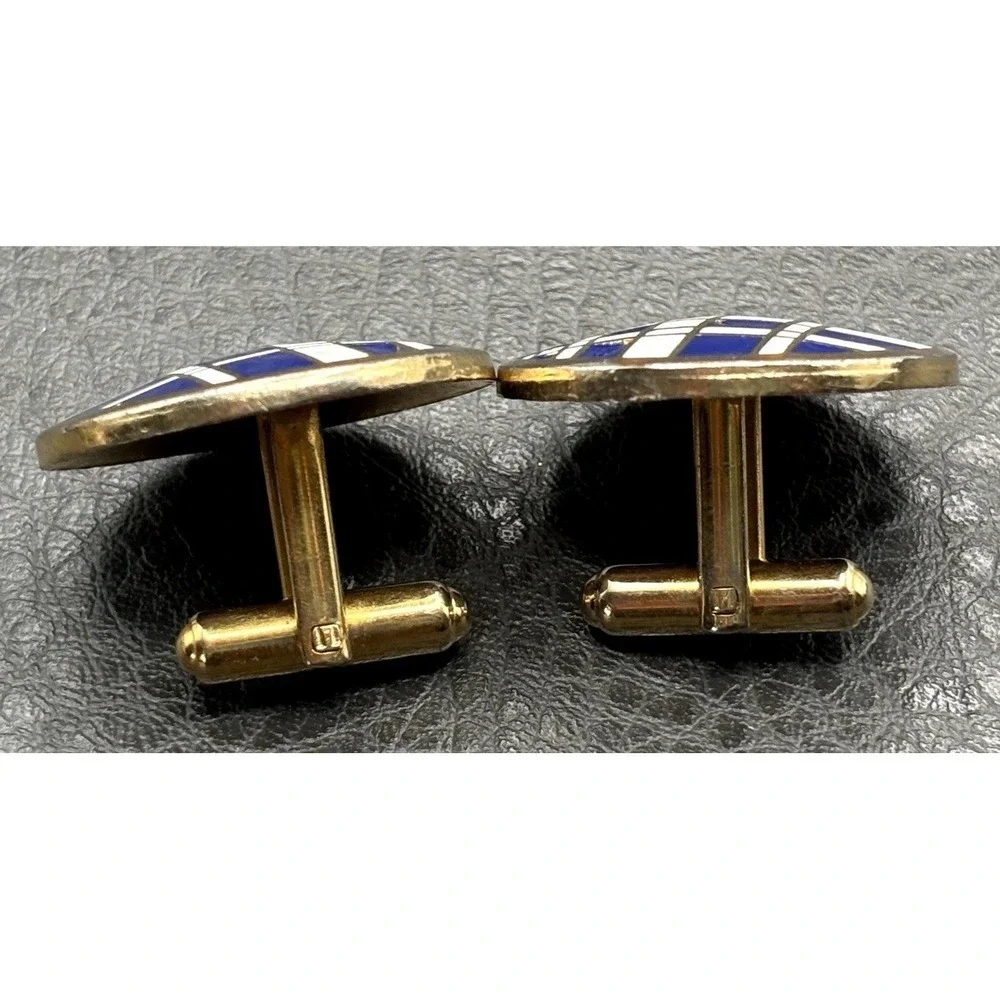 Vintage Gold Tone Blue Enamel Plaid Pattern Modernist MCM Enamel Cufflinks